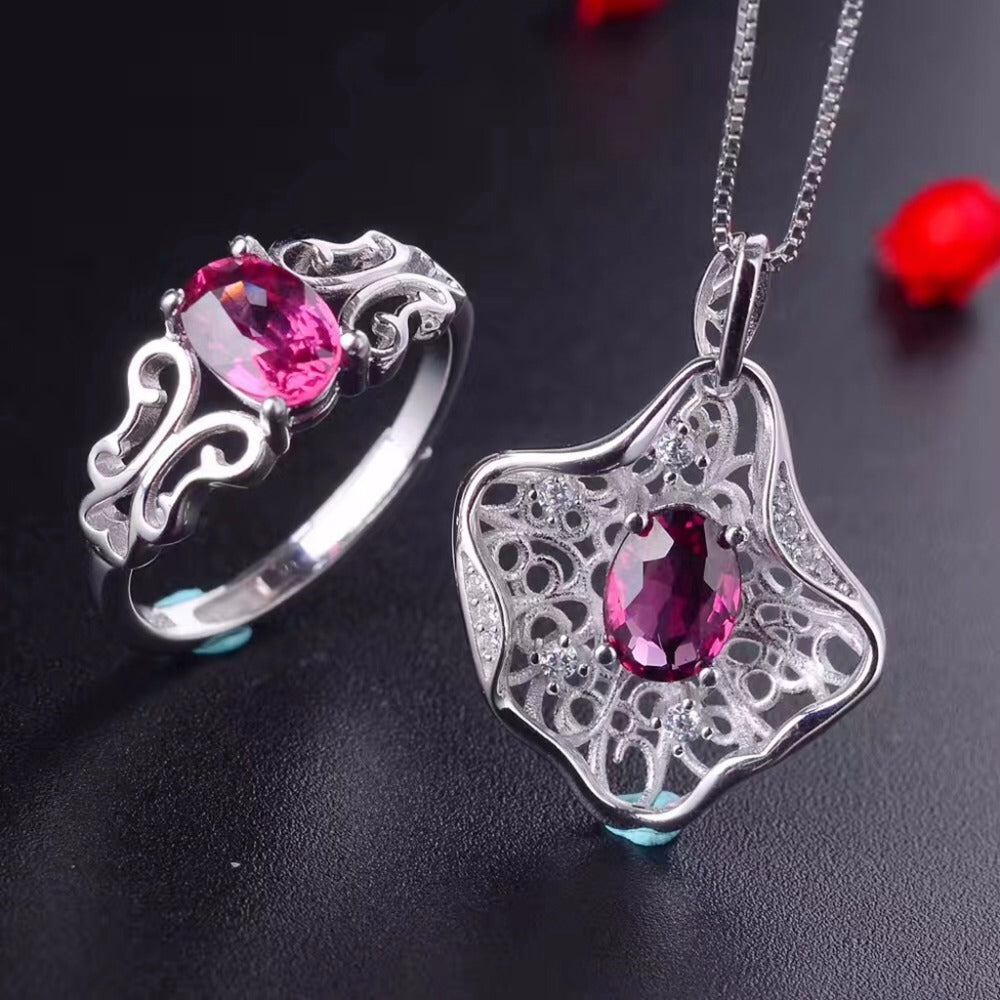 [ Fine Quality Natural Red Garnet Gemstone Trendy Jewelry set for Women Real 925 Sterling Silver Charm Fine Jewelry