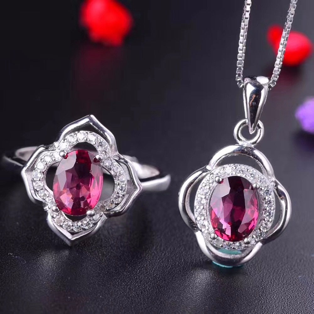 [ Fine Quality Natural Red Garnet Gemstone Trendy Jewelry set for Women Real 925 Sterling Silver Charm Fine Jewelry