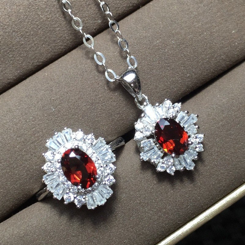 [ Fine Quality Natural Red Garnet Gemstone Trendy Jewelry set for Women Real 925 Sterling Silver Charm Fine Jewelry