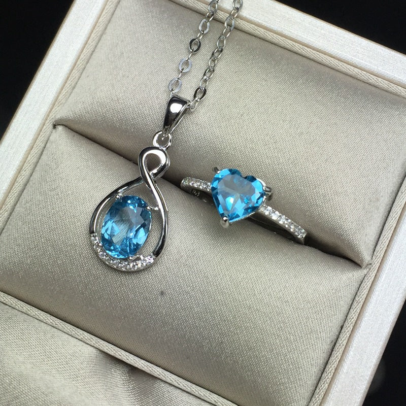 Natural Blue Topaz Jewelry Set 925 Pure Silver Color Treasure Ornament Suit Wholesale Fine Charm Accessories