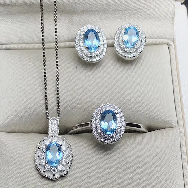 Natural Blue Topaz Jewelry Set 925 Pure Silver Ring Earrings Pendant Necklace 3 Suits Fine Wedding Jewelry for Women