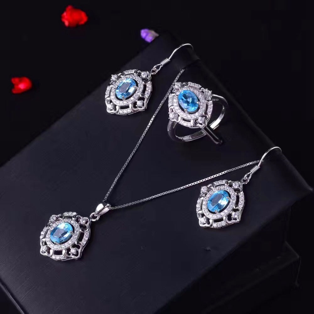 Natural Blue Topaz Jewelry Set 925 Pure Silver Ring Earrings Pendant Necklace 3 Suits Fine Wedding Jewelry for Women
