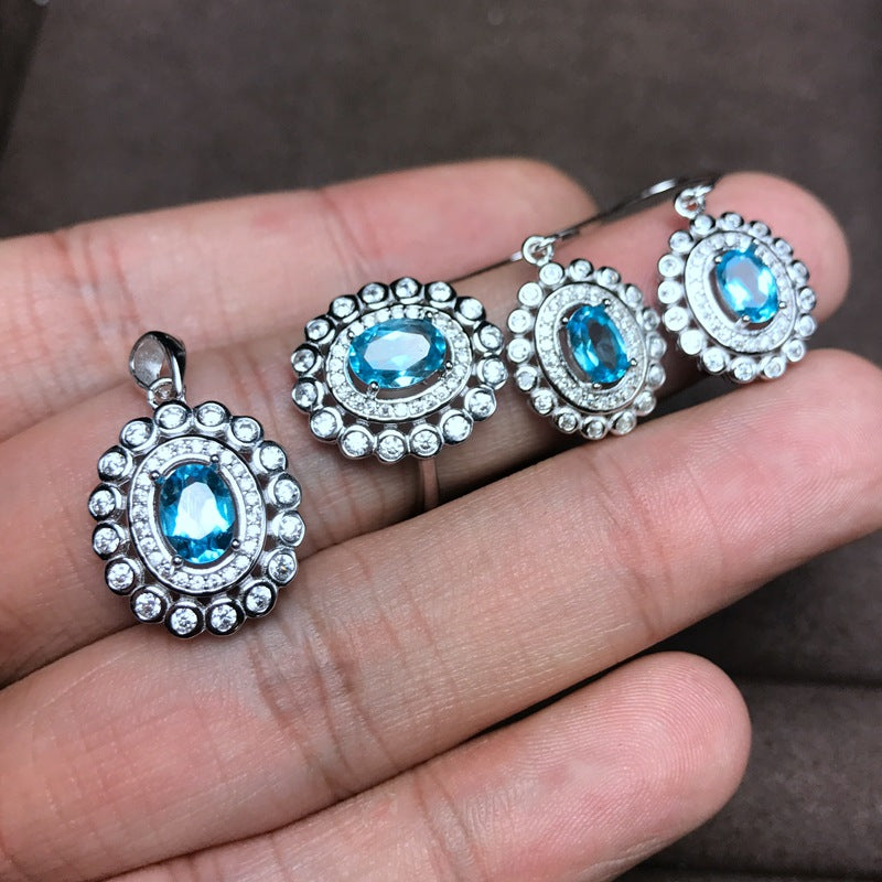 Natural Blue Topaz Jewelry Set 925 Pure Silver Ring Earrings Pendant Necklace 3 Suits Fine Wedding Jewelry for Women