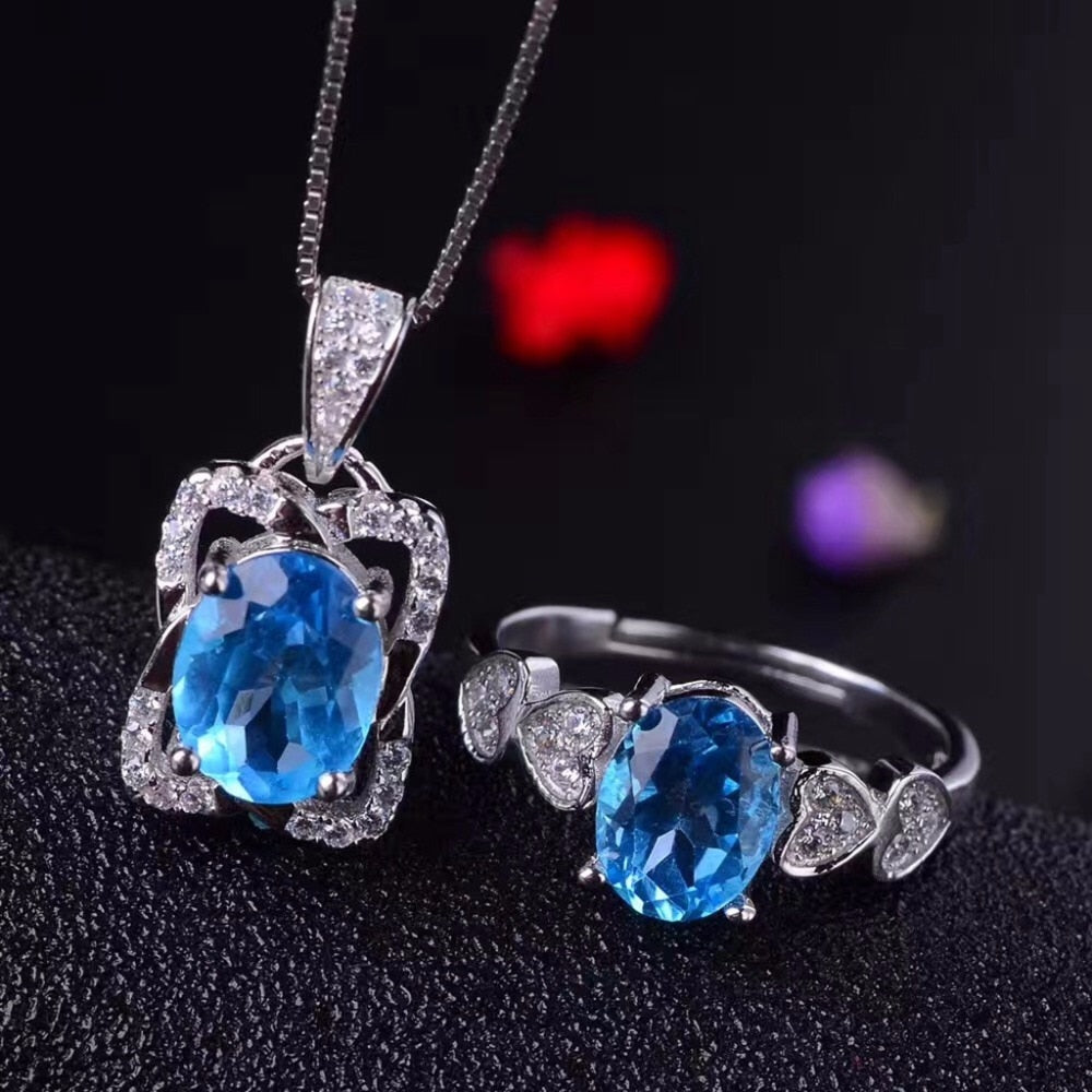 Natural Blue Topaz Jewelry Set 925 Pure Silver Ring Pendant Necklace 2 Suits Fine Wedding Jewelry for Women