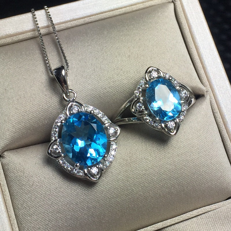 Natural Blue Topaz Jewelry Set 925 Pure Silver Ring Pendant Necklace 2 Suits Fine Wedding Jewelry for Women