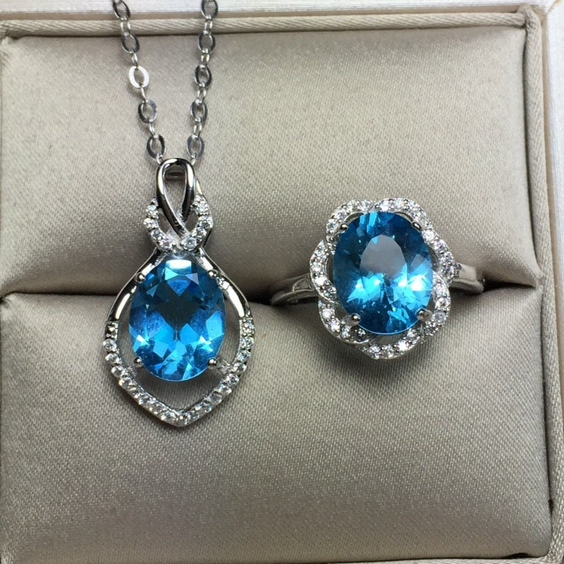 Natural Blue Topaz Jewelry Set 925 Pure Silver Ring Pendant Necklace 2 Suits Fine Wedding Jewelry for Women
