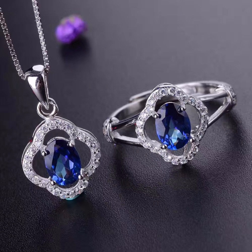 Natural Blue Topaz Jewelry Set 925 Pure Silver Ring Pendant Necklace 2 Suits Fine Wedding Jewelry for Women