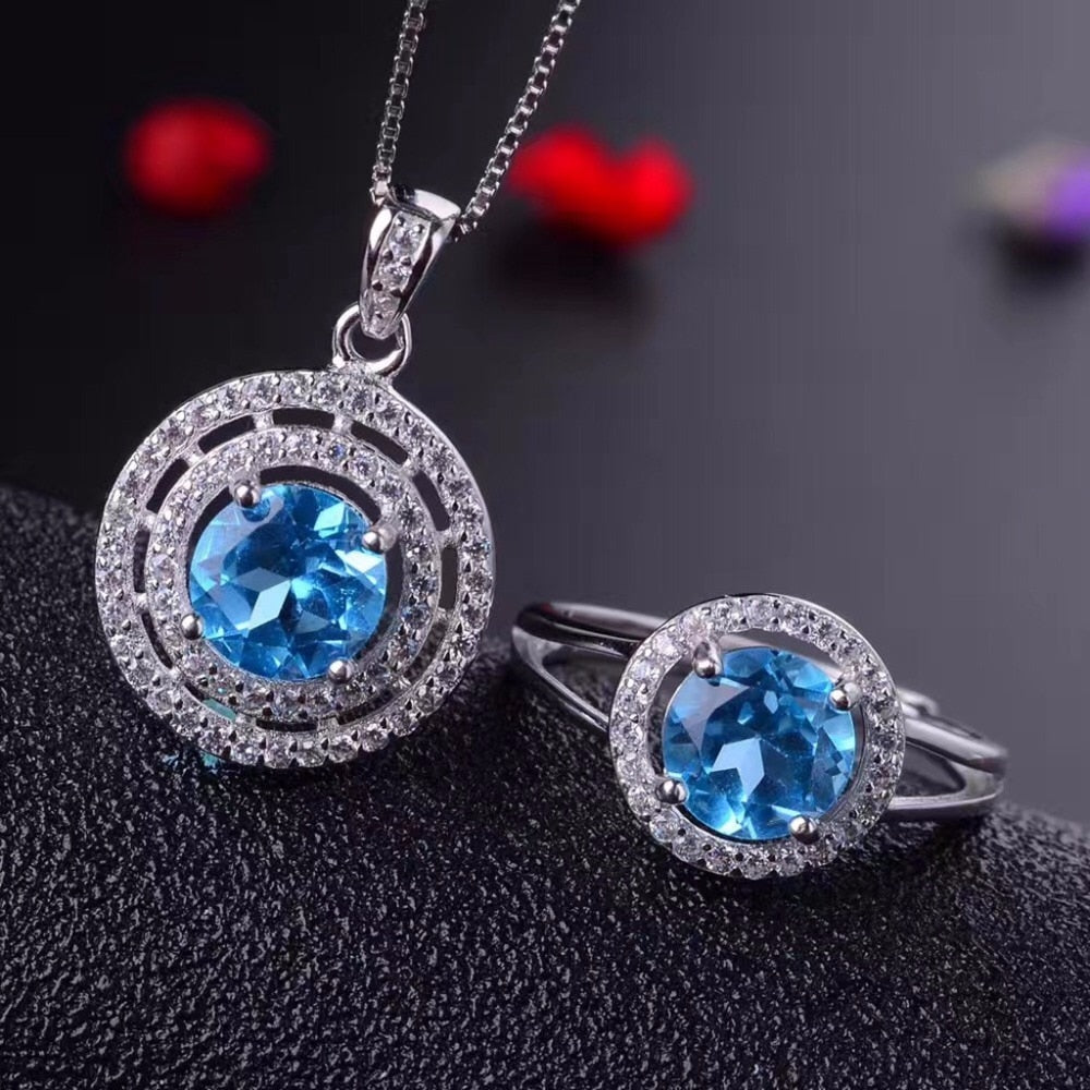 Natural Blue Topaz Round Jewelry Set 925 Pure Silver Ring Pendant Necklace 2 Suits Fine Wedding Jewelry for Women