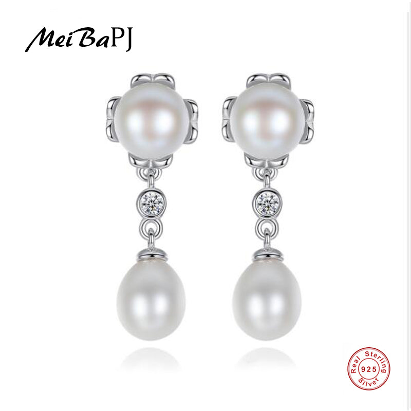 [MeiBaPJ]Natural Pearl Fashion Flower Drop Earrings Real 925 Sterling Silver Fine Charm Jewelry for Women
