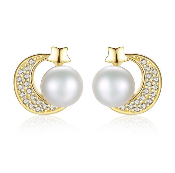 [MeiBaPJ]Natural Pearl Stud Earrings Real 925 Sterling Silver Fashion Moon Star Earrings for Women