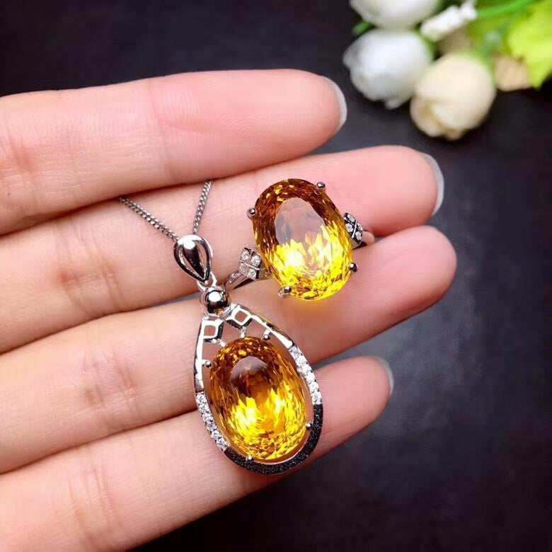 Natural High End Process Citrine Fine Jewelry Set 925 Pure Silver Necklace and Ring Suit for Women