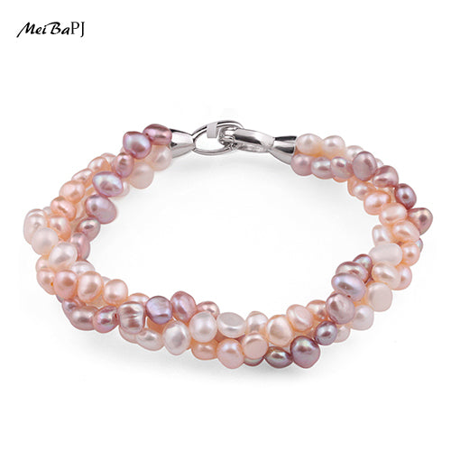 Natural Mixed Color Pearl Bracelet Pure Handmade Bangle Pearl With Real 925 Silver Clasp Fine Jewelry SL-113