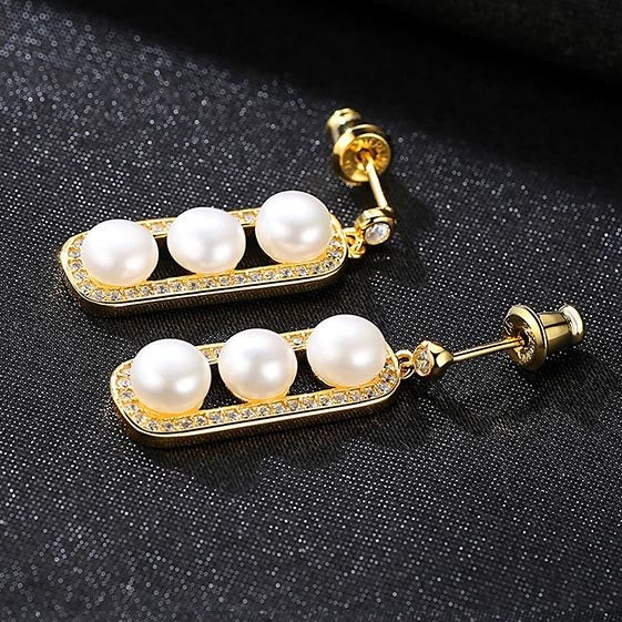 [MeiBaPJ] Natural Pearl Stud Earrings Real 925 Sterling Silver Fashion Earrings for Women Two Colors