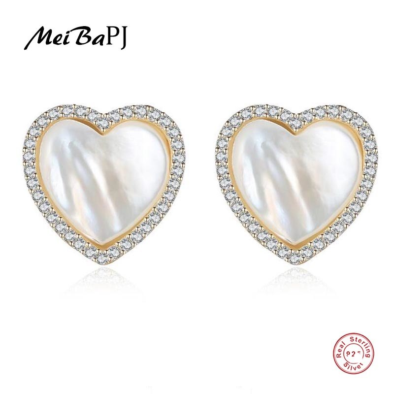 [MeiBaPJ] Natural Seashell Love Heart Stud Earrings Real 925 Sterling Silver Fashion Earrings for Women