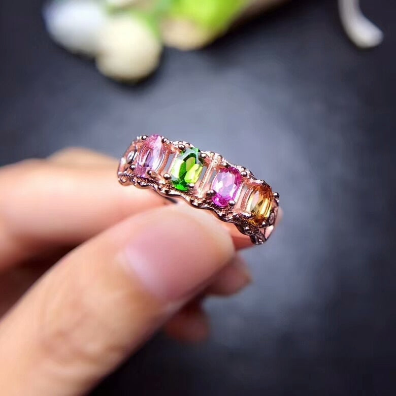 [ Natural Tourmaline Gemstone Fashion Colorful Stone Simple Ring for Women Real 925 Sterling Silver Charm Fine Jewelry