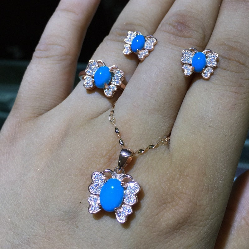 [ Natural Turquoise Gemstone Trendy Butterfly Pendant Necklace for Women Real 925 Sterling Silver Charm Fine Jewelry