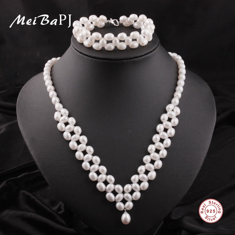 [MeiBaPJ]New Fashion Hand Knit White Natural pearl Jewelry Sets 925 Sterling Silver Fine Wedding Jewelry for Women