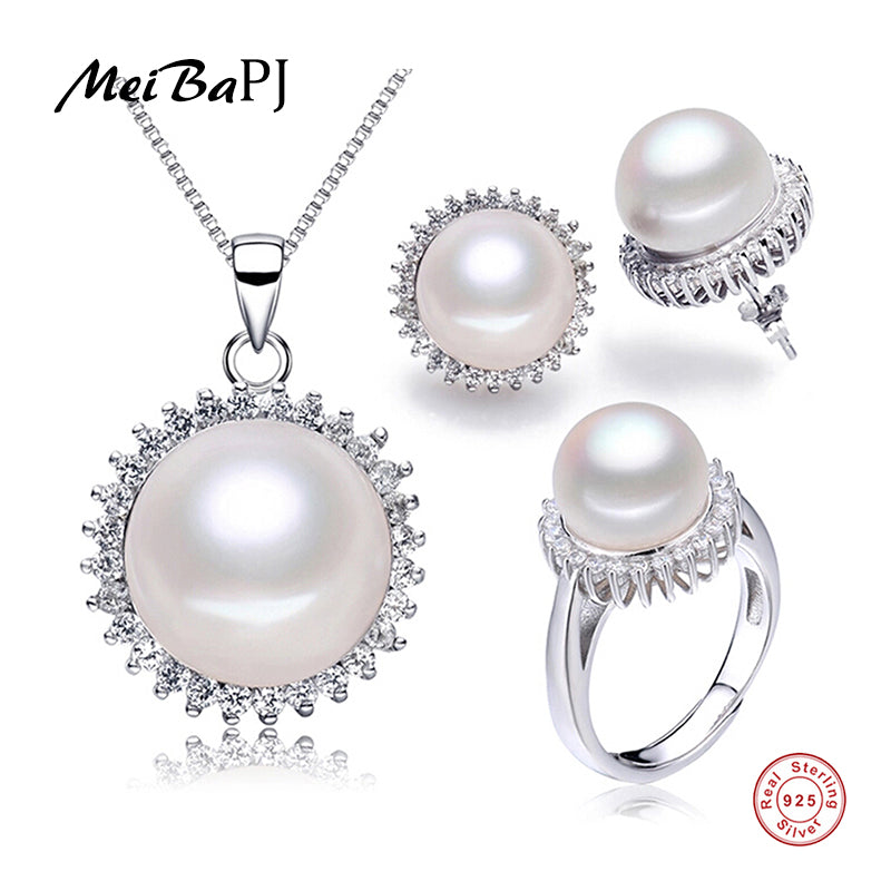 New Fashion Natural Pearl Sun Flower Jewelry Set Top Quality Necklace Earrings And Ring Silver Set For Women