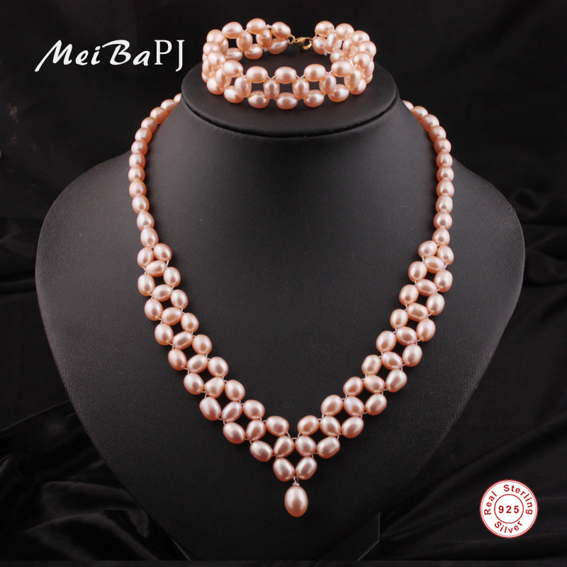 [MeiBaPJ]New Fashion Pink Natural pearl Jewelry Sets 925 Sterling Silver Fine Wedding Jewelry for Women