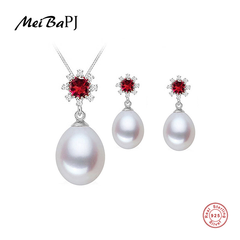 New Specials Real Pearl Jewelry Sets Real 925 Solid Silver Red Stone Pendant & Earrings Charm Jewelry Set Gift Box