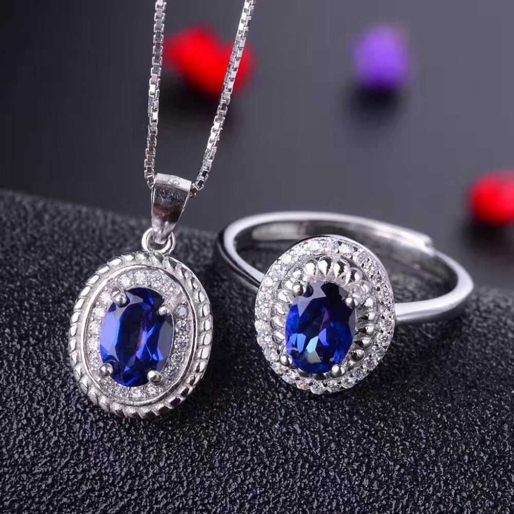 Noble and Elegant Blue Treasure 925 Pure Silver Tanzania Topaz Suit Necklace and Rings Fine Jewelry Set