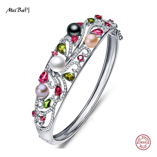 Real 925 Solid Silver High Quality Phoenix Colorful Bracelet For Women Real Natural Pearl Bangle Jewelry Gift Box