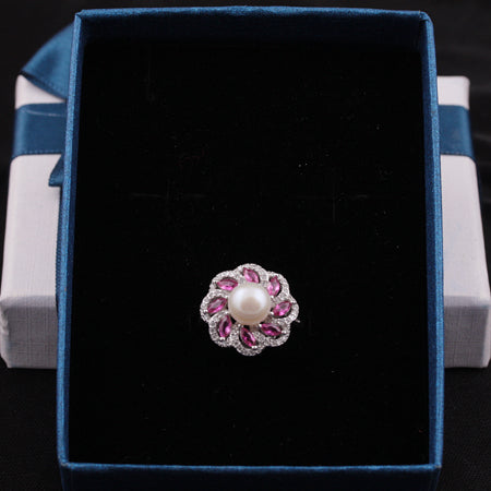 [MeiBaPJ] Real 925 Sterling Silver Pearl Ring Finger Simple Micro Red Stone Ring Fine Jewelry for Women Gift Box