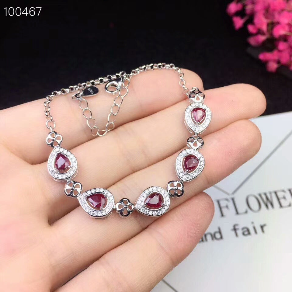 [MeiBaPJ]Real Natural Ruby Gemstone Bracelet 925 Sterling Silver Red Stone Bangle for Women Fine Wedding Jewelry