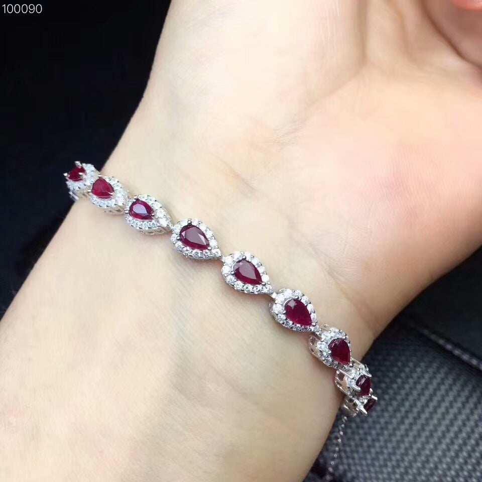[MeiBaPJ]Real Natural Ruby Gemstone Bracelet 925 Sterling Silver Red Stone Bangle for Women Fine Wedding Jewelry