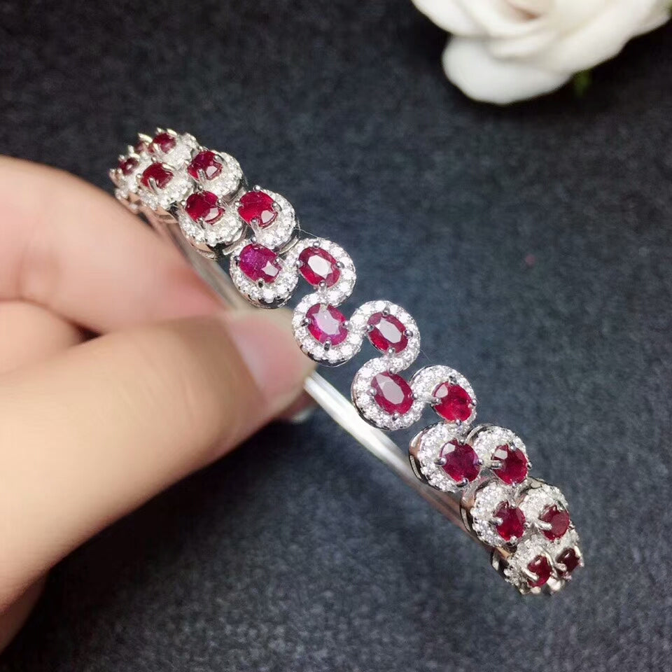 [MeiBaPJ]Real Natural Ruby Gemstone Bracelet 925 Sterling Silver Red Stone Bangle for Women Fine Wedding Jewelry