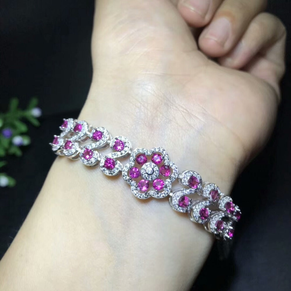 [MeiBaPJ]Real Natural Tourmaline Gemstone Bracelet 925 Sterling Silver Red Stone Bangle for Women Fine Wedding Jewelry