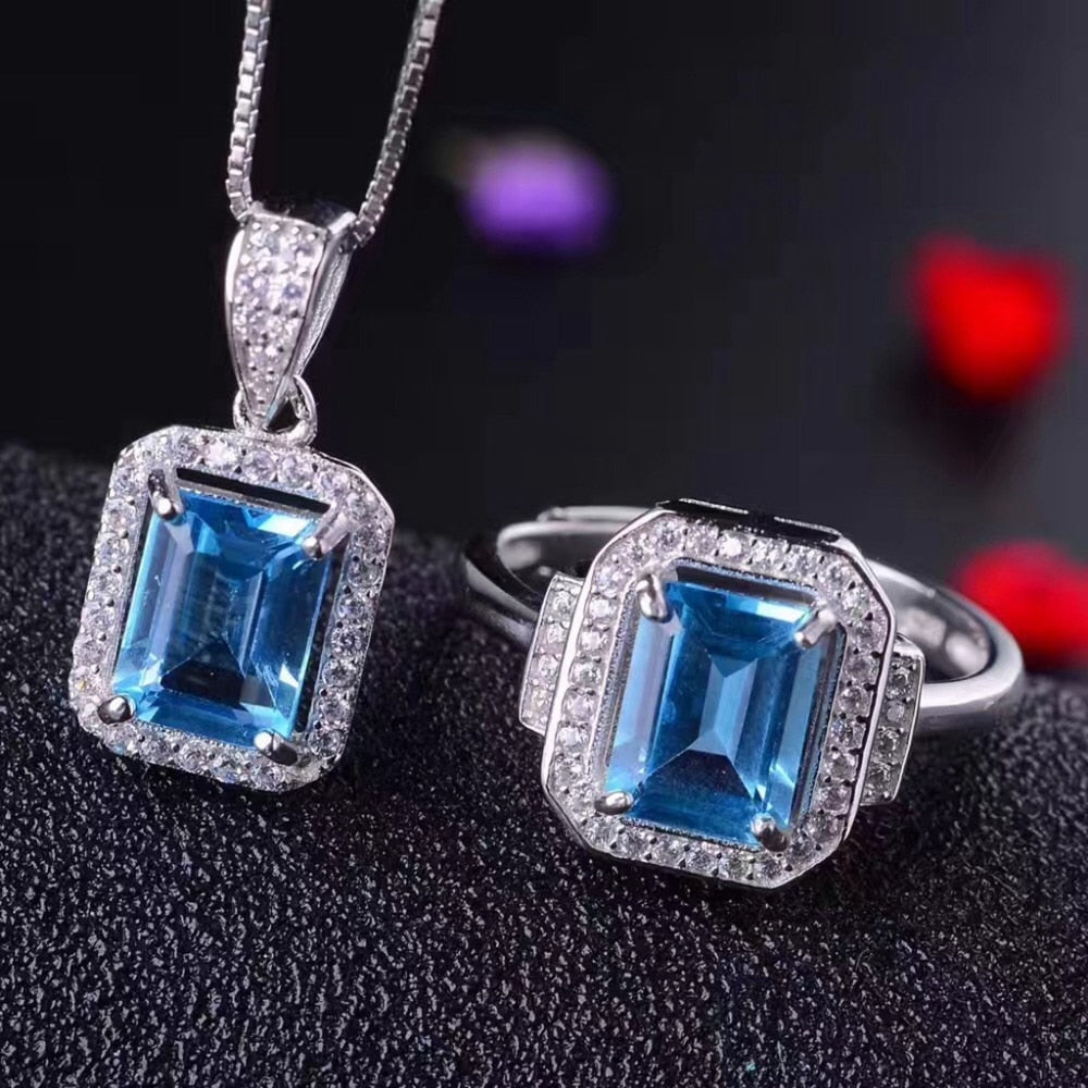 S Blue Treasure 925 Pure Silver Tanzania Topaz Suit Necklace and Rings Fine Jewelry Set