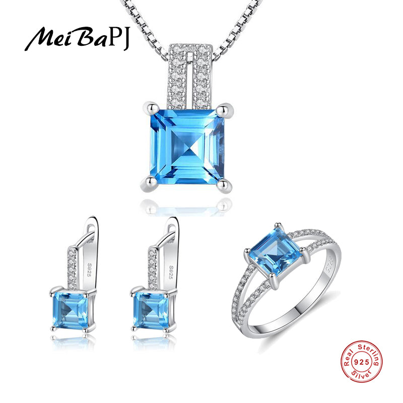 Sky Blue Topaz Stone 3 Suit Jewelry Set Real 925 Sterling Silver Pendant Earrings Ring Fine Charm Jewelry for Women