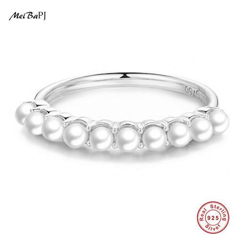 [MeiBaPJ]Sweet Style Natural Round Small Pearl Wedding Ring for Women White Color Female 925 Silver Ring Jewelry