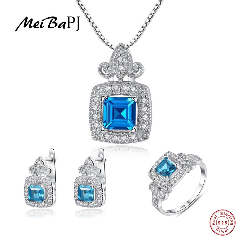 Topaz Gemstone 3 Suit Jewelry Set Real 925 Sterling Silver Pendant Earrings Ring Fine Charm Jewelry for Women