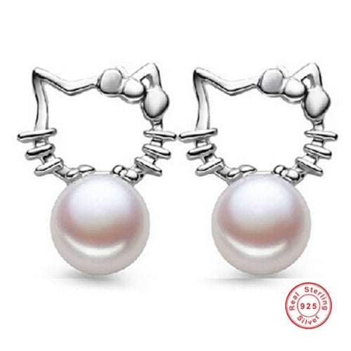 [MeiBaPJ]Women Fashion Pure Silver S925 Stud Earrings Elegant 4A High Quality No Defect Natural Pearl Jewelry Cat Earrings