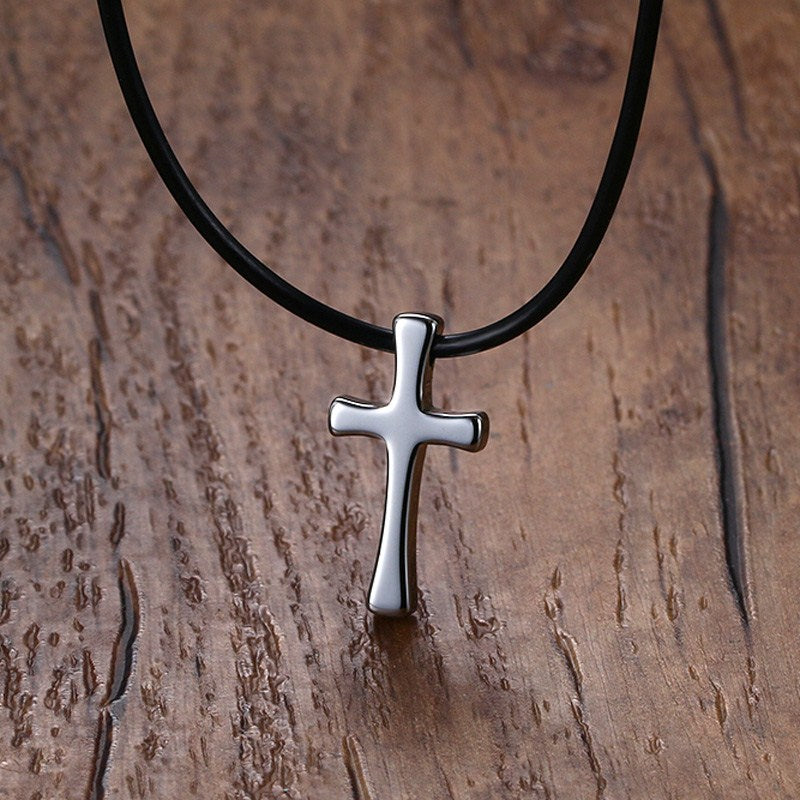 Men Choker Simple Tungsten Steel Budded Cross Pendant Necklace in Silver Tone With Black Rubber Rope Chain Kolye Male Jewelry