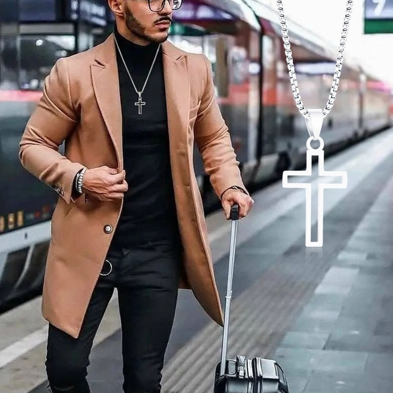 Men Cross Pendants,Outlined Cross Mens Necklace,Stainless Steel Hollow Crucifix Outline,Jesus Religious Confirmation Jewelry