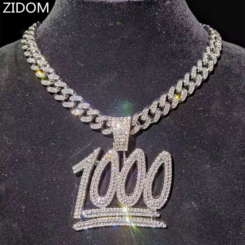 Men Hip Hop 1000 Number Pendant Necklace with 13mm Miami Cuban Chain Iced Out Bling HipHop Necklaces Male Jewelry