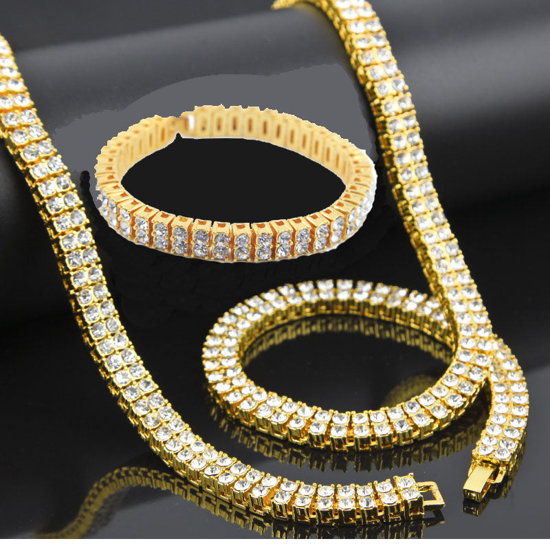 Men Hop Gold Silver Bling 2 Two Rows Rhinestone Pharaoh Jewelry Sets Miami Cuban Chain 30 Tennis Necklace 8'' Bracelet Set