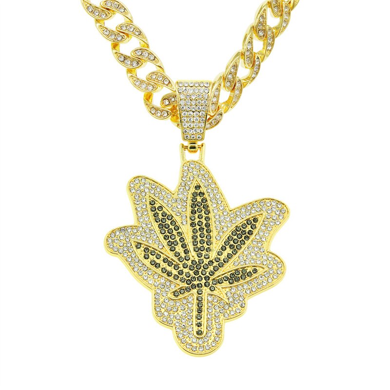 Men Hip Hop Iced Out Bling Maple Leaf Pendant Necklace 13mm Crystal Cuban Chain Hiphop Necklaces Charm Jewelry