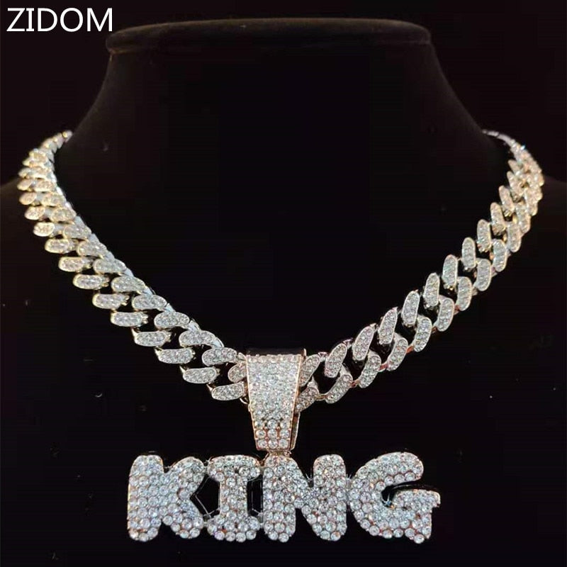 Men Hip Hop KING Letters Pendant Necklace with 13mm Miami Cuban Chain Iced Out Bling HipHop Necklaces Male Charm Jewelry