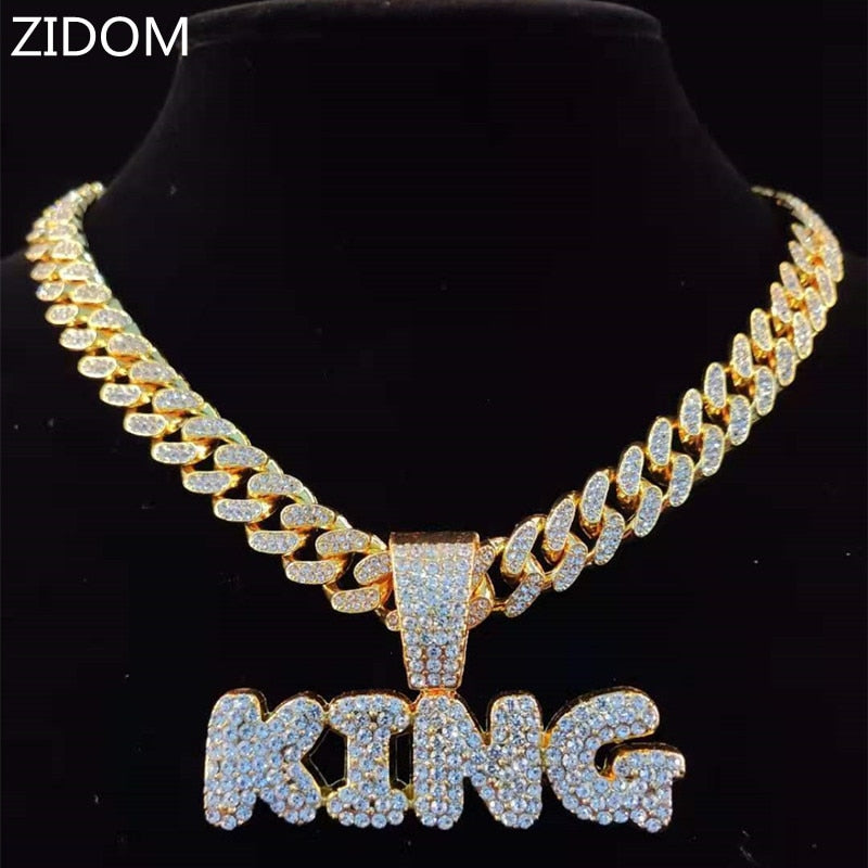 Men Hip Hop KING Letters Pendant Necklace with 13mm Miami Cuban Chain Iced Out Bling HipHop Necklaces Male Jewelry