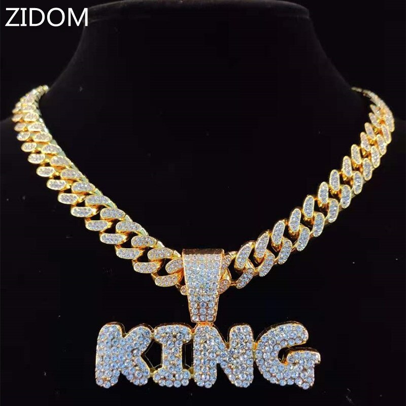 Men Hip Hop KING Letters Pendant Necklace with 13mm Miami Cuban Chain Iced Out Bling HipHop Necklaces Male Jewelry