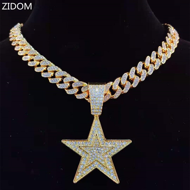 Men Hip Hop five-pointed star Pendant Necklace with 13mm Miami Cuban Chain Iced Out Bling HipHop Necklaces Male Jewelry