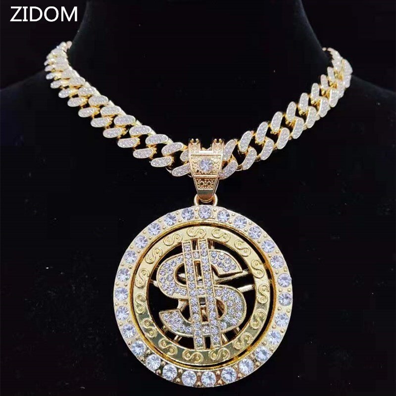 Men Hip hop Iced out Bling Rotatable Dollar Pendant Necklace 13mm Width Cuban Chain Hiphop Necklaces  Charm jewelry