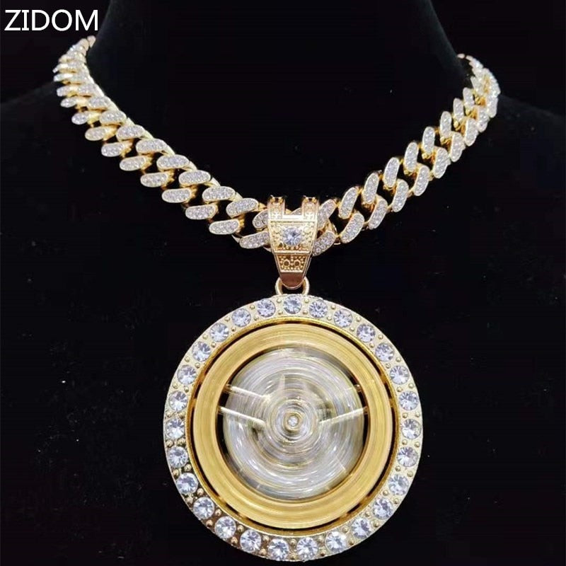 Men Hip hop Iced out Bling Rotatable Dollar Pendant Necklace 13mm crystal Cuban Chain Hiphop Necklaces Charm jewelry