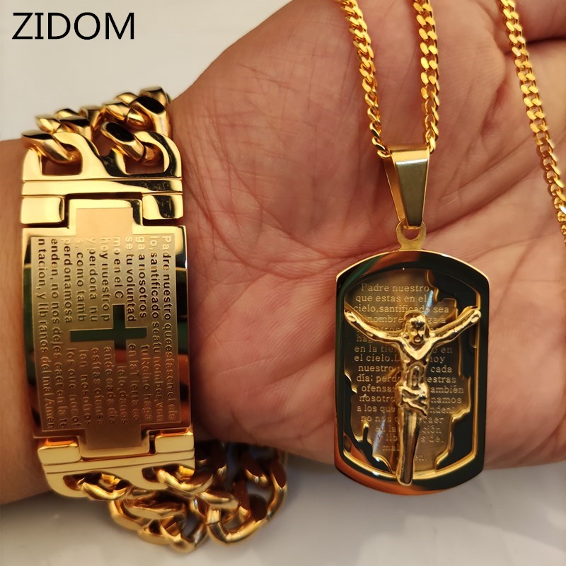 Men Hip hop cross jesus pendant with stainless steel cross bracelet never fade male vintage Hiphop necklace jewelry