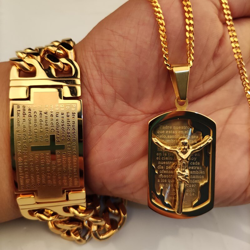 Men Hip hop cross jesus pendant with stainless steel cross bracelet never fade male vintage Hiphop necklace jewelry