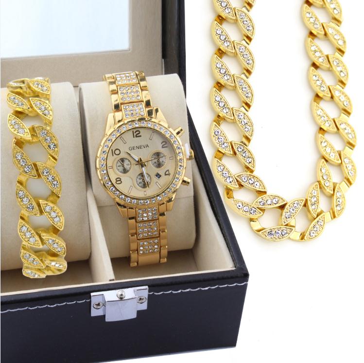 Men Jewelry Sets 3pcs/set Hop Iced Out Finished Simulate Watch Cuban Necklace Chain Bracelet 3pcs Combo